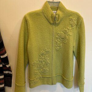 Coldwater Creek Bright Green Floral Embroidered Zip Up Wool Sweater Size XL